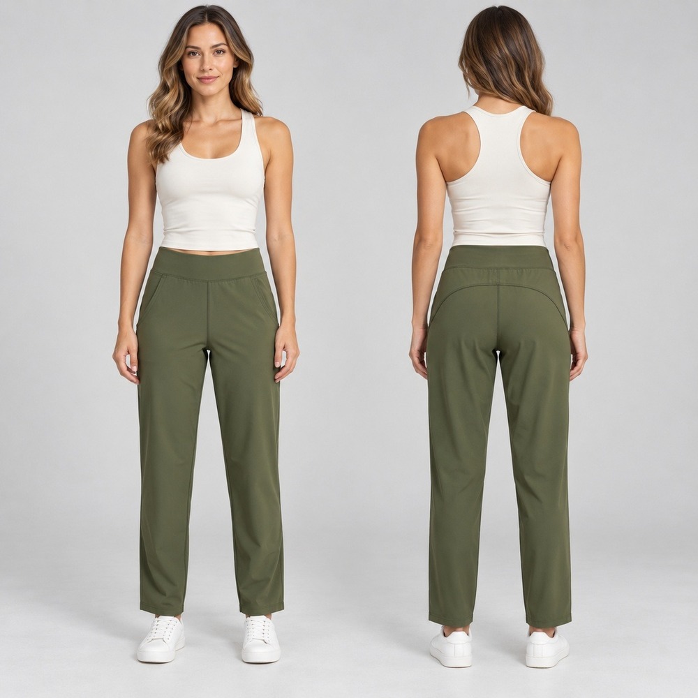 Lands' End Women's Everyday Active Pants Small Olive Green Wide Leg High Rise